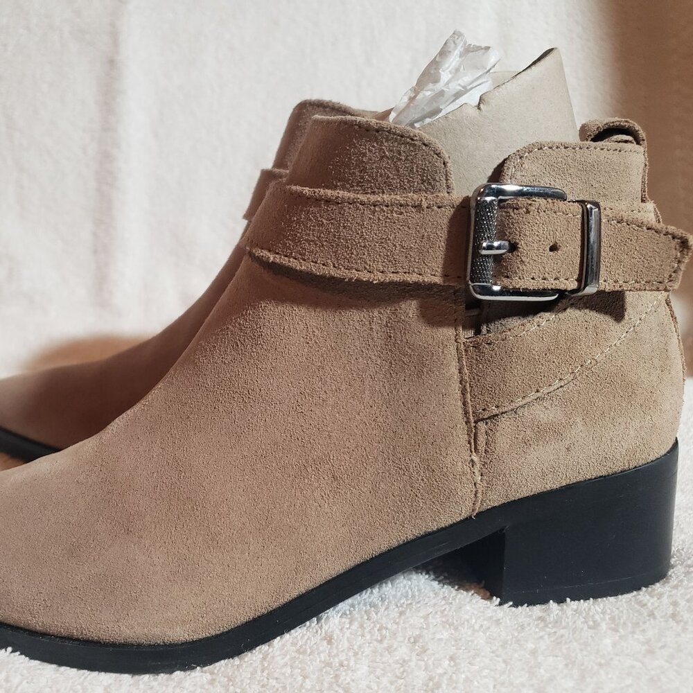 Marc Fisher Beige Suede Ankle Bootie, Zipper Buckle Strap, 6.5M